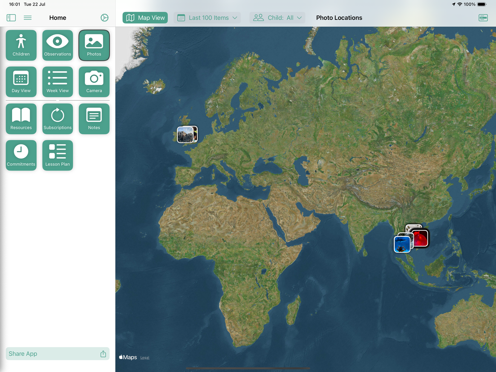 Map view – photo locations on world map
