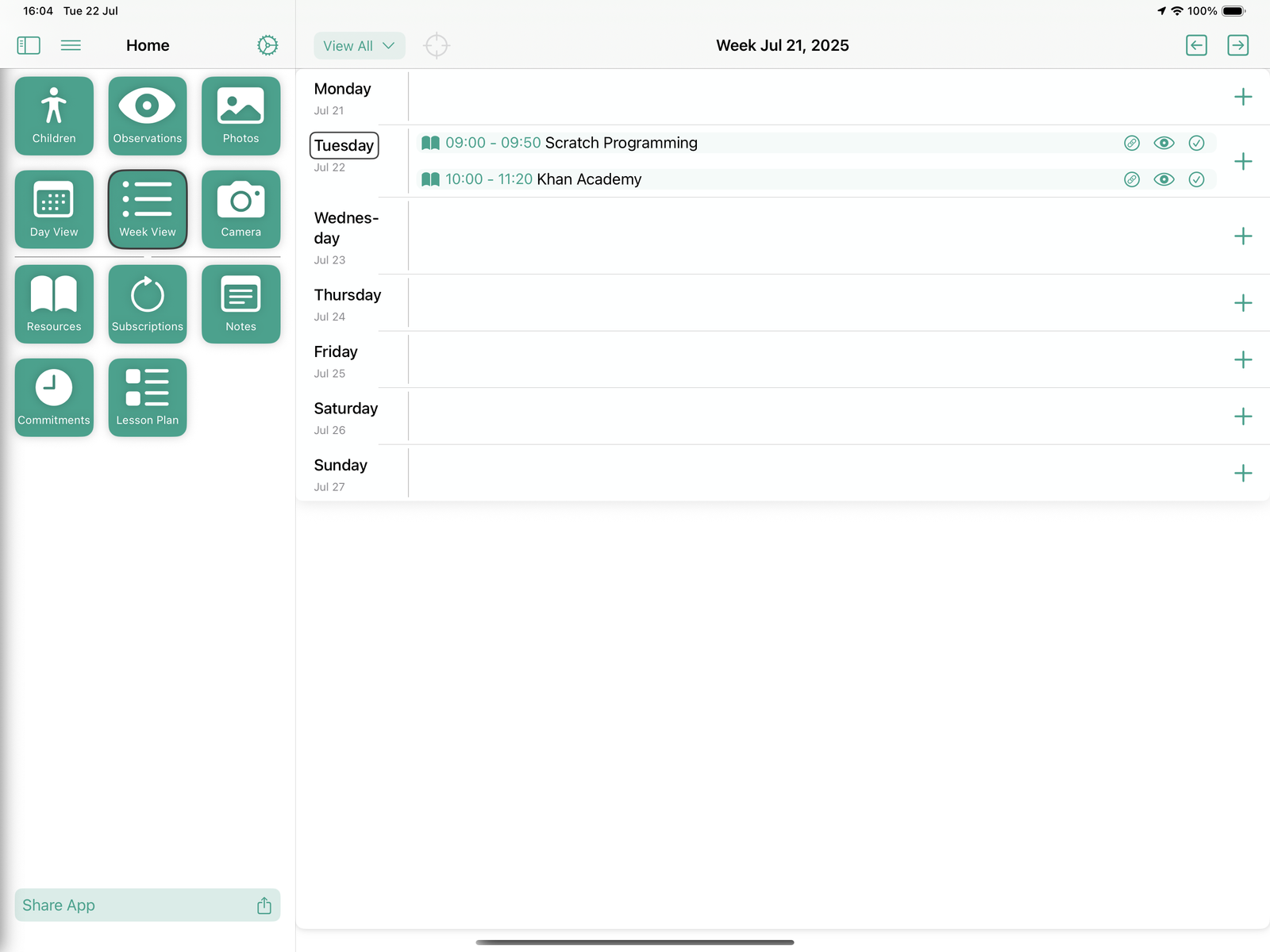 Week view – weekly plan overview